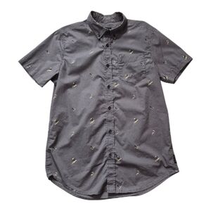 Prana Shirt Short Sleeve Button Front Island Palm Tree Shark Print Mens Sz Small